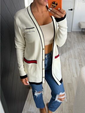 Blue Blush Cream Button-Down Cardigan with Black & Red Trim